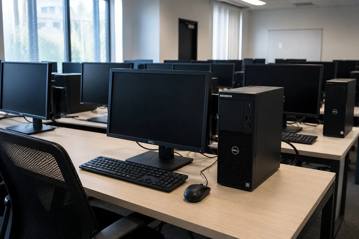 Office IT equipment — laptops and desktops staged for asset disposition