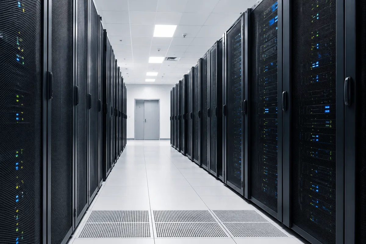 Rows of server racks in a data center